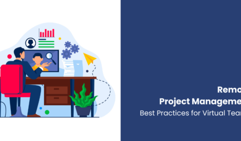 Project manager leading a virtual team meeting on a video call from a remote workspace