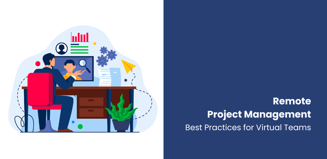 Project manager leading a virtual team meeting on a video call from a remote workspace