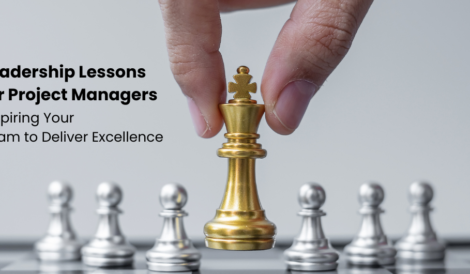A hand placing a golden king chess piece among silver pawns, symbolizing leadership in project management.