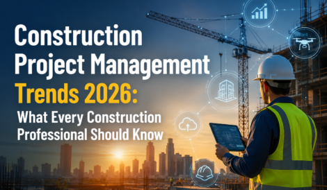 Construction Project Management Trends 2026 – Modern construction site with project manager using digital technology