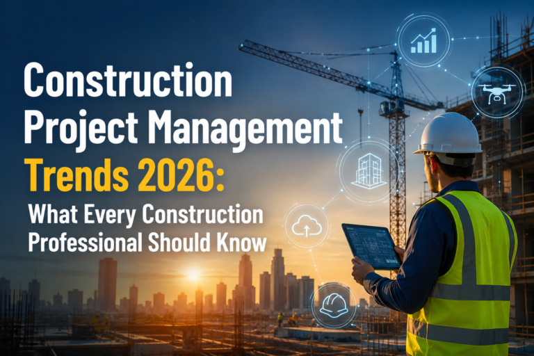 Construction Project Management Trends 2026 – Modern construction site with project manager using digital technology
