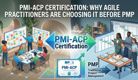 A landscape blog header graphic comparing PMI-ACP and PMP certifications, featuring natural men and women working in Agile and traditional project environments with the main title at the top.
