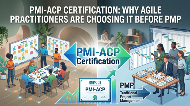 A landscape blog header graphic comparing PMI-ACP and PMP certifications, featuring natural men and women working in Agile and traditional project environments with the main title at the top.