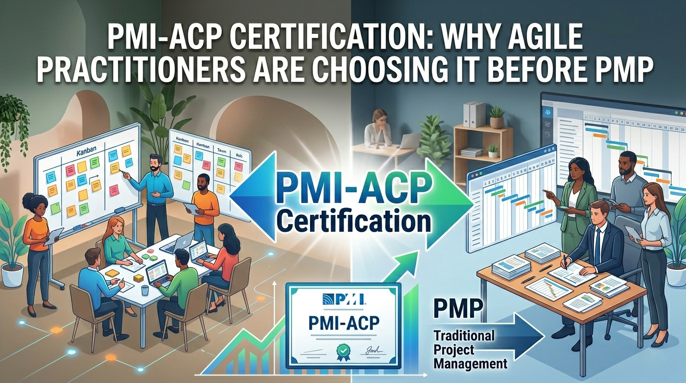 A landscape blog header graphic comparing PMI-ACP and PMP certifications, featuring natural men and women working in Agile and traditional project environments with the main title at the top.