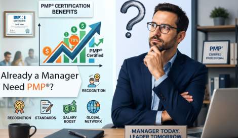 A professional manager in a modern office thoughtfully considers PMP® certification, with visual highlights of leadership, structured methodology, career growth, and global recognition benefits.